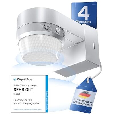 Huber Motion 100 Détecteur de mouvement infrarouge 360° avec 4 capteurs et lentille Fresnel IP65, LED, protection anti-pénétration et limitation de zone, montage - Publicité Huber Motion 100 Détecteur de mouvement infrarouge 360° avec 4 capteurs et lentille Fresnel IP65, LED, protection anti-pénétration et limitation de zone, montage - Publicité