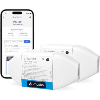 meross Interrupteur Connecté, Matter, Commande Vocale, 2 pcs, 2,4GHz, 16 A Interrupteur WiFi avec Suivi de Consommation avec Contrôle à Distance, Matter Simple Setup (MSS), Compatible Home Assistant - Publicité meross Interrupteur Connecté, Matter, Commande Vocale, 2 pcs, 2,4GHz, 16 A Interrupteur WiFi avec Suivi de Consommation avec Contrôle à Distance, Matter Simple Setup (MSS), Compatible Home Assistant - Publicité
