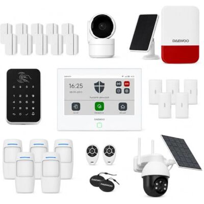Daewoo Pack Alarme AM374 WiFi/GSM Centrale Tactile 7'', Sirène 110dB Kit 24 pièces avec 2 caméras Full HD Dont 1 Solaire Autonome, sirène 110 DB Anti-Sabotage, sans abonnement App - Publicité Daewoo Pack Alarme AM374 WiFi/GSM Centrale Tactile 7'', Sirène 110dB Kit 24 pièces avec 2 caméras Full HD Dont 1 Solaire Autonome, sirène 110 DB Anti-Sabotage, sans abonnement App - Publicité