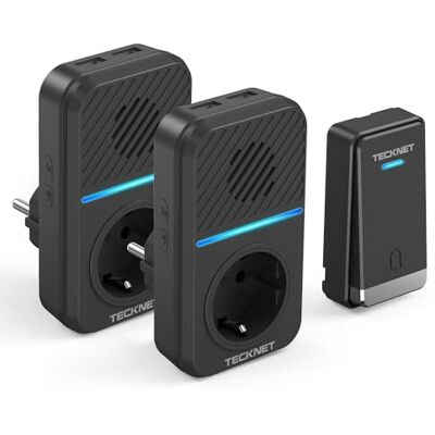 TECKNET Sonnette sans Fil Kit, 400M Sonnette avec 2 Récepteurs 5 Niveaux Volume de Porte sans Fil Auto-alimentée avec 60 Mélodies, IP65 Kit de Carillon avec Tomas USB Externas y Luz LED - Publicité TECKNET Sonnette sans Fil Kit, 400M Sonnette avec 2 Récepteurs 5 Niveaux Volume de Porte sans Fil Auto-alimentée avec 60 Mélodies, IP65 Kit de Carillon avec Tomas USB Externas y Luz LED - Publicité