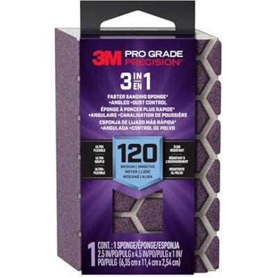 3M Pro Grade Precision Éponge abrasive 3 en 1, grain moyen 120, pour le travail du bois, la préparation des cloisons sèches et la finition, 6,3 x 11,4 x 2,5 cm - Publicité 3M Pro Grade Precision Éponge abrasive 3 en 1, grain moyen 120, pour le travail du bois, la préparation des cloisons sèches et la finition, 6,3 x 11,4 x 2,5 cm - Publicité