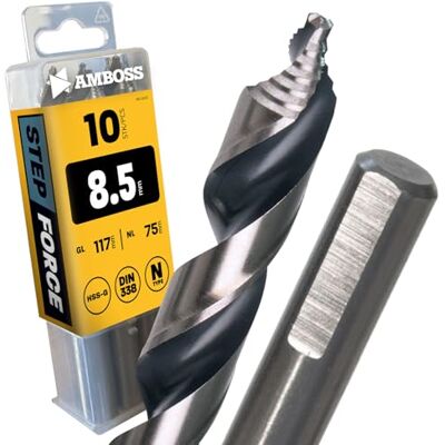 Amboss Werkzeuge Lot de 10 forets hélicoïdaux Step Force Ø 8,5 mm – HSS-G DIN 338 pour acier, acier de construction, aluminium, métaux non ferreux ® Foret tôles, profilés – Hexagonal pour perceuse - Publicité Amboss Werkzeuge Lot de 10 forets hélicoïdaux Step Force Ø 8,5 mm – HSS-G DIN 338 pour acier, acier de construction, aluminium, métaux non ferreux ® Foret tôles, profilés – Hexagonal pour perceuse - Publicité