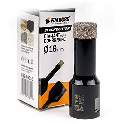 Amboss Werkzeuge Amboss Couronne de forage diamant 16 mm (M14) pour meuleuse d'angle Convient pour grès cérame, carrelage dur, granit, etc. Publicité Amboss Werkzeuge Amboss Couronne de forage diamant 16 mm (M14) pour meuleuse d'angle Convient pour grès cérame, carrelage dur, granit, etc. Publicité