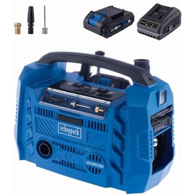Scheppach Compresseur sans fil Airforce 6 20 V Débit d'air 21 l/min Tuyau haute pression 75 cm 3 types d'entraînement Port USB-A et USB-C Série IXES 20 V Avec batterie 2 Ah et chargeur 2,4 - Publicité Scheppach Compresseur sans fil Airforce 6 20 V Débit d'air 21 l/min Tuyau haute pression 75 cm 3 types d'entraînement Port USB-A et USB-C Série IXES 20 V Avec batterie 2 Ah et chargeur 2,4 - Publicité