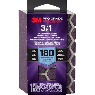 3M Pro Grade Precision Éponge abrasive 3 en 1, grain moyen 180, pour le travail du bois, la préparation des cloisons sèches et la finition, 6,3 x 11,4 x 2,5 cm - Publicité 3M Pro Grade Precision Éponge abrasive 3 en 1, grain moyen 180, pour le travail du bois, la préparation des cloisons sèches et la finition, 6,3 x 11,4 x 2,5 cm - Publicité