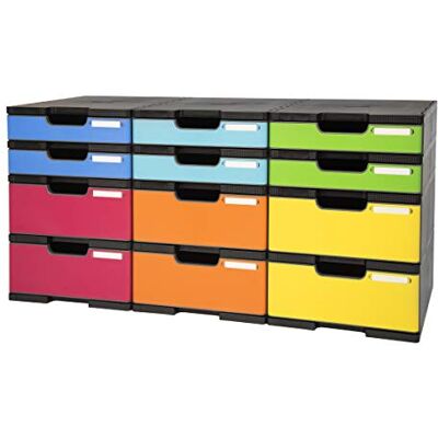 Exacompta Réf. 385714TIRD Set de 12 cases avec tiroirs : 6 cases haut. 5,6cm + 6 cases haut. 11 cm Système de tri MODULODOC Dimensions : 86,4 x 35,4 x 42,2 cm Arlequin - Publicité Exacompta Réf. 385714TIRD Set de 12 cases avec tiroirs : 6 cases haut. 5,6cm + 6 cases haut. 11 cm Système de tri MODULODOC Dimensions : 86,4 x 35,4 x 42,2 cm Arlequin - Publicité