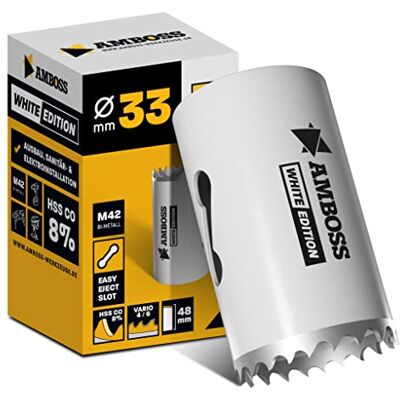 Amboss Werkzeuge 33 mm Scie cloche bi-métal HSS M42 Amboss Pour acier, panneaux de particules, bois dur, placoplâtre et plus Profondeur de coupe 48 mm sans embout - Publicité Amboss Werkzeuge 33 mm Scie cloche bi-métal HSS M42 Amboss Pour acier, panneaux de particules, bois dur, placoplâtre et plus Profondeur de coupe 48 mm sans embout - Publicité