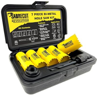 SabreCut 7pcs HS42MK007 22mm 25mm 29mm 32mm 38mm HSS M42 Scie cloche Kit M42 cobalt steel et progressive tooth profiles offrent rapide, lisse, burr-free coupent dans bois, plastique et sheet steel - Publicité SabreCut 7pcs HS42MK007 22mm 25mm 29mm 32mm 38mm HSS M42 Scie cloche Kit M42 cobalt steel et progressive tooth profiles offrent rapide, lisse, burr-free coupent dans bois, plastique et sheet steel - Publicité