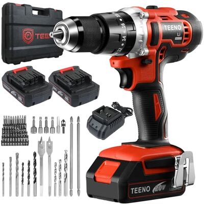 TEENO Perceuse Visseus Sans Fil 2 x 2.0Ah Batteries, Visseuse Devisseuse 45Nm Perceuse Percussion,25+3 Réglages de Couple,69 Accessoires +Valise,LED,pour Bricolage - Publicité TEENO Perceuse Visseus Sans Fil 2 x 2.0Ah Batteries, Visseuse Devisseuse 45Nm Perceuse Percussion,25+3 Réglages de Couple,69 Accessoires +Valise,LED,pour Bricolage - Publicité