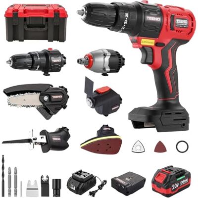 TEENO Kit Combiné Sans Fil 20V , Outil Multi-Fonctionnel Sans fil 6 en 1 Avec étui, Perceuse, Scie Sabre, Scie à Chaîne, Cef à Chocs, Outil Oscillant, Ponceuse Avec Accessoires - Publicité TEENO Kit Combiné Sans Fil 20V , Outil Multi-Fonctionnel Sans fil 6 en 1 Avec étui, Perceuse, Scie Sabre, Scie à Chaîne, Cef à Chocs, Outil Oscillant, Ponceuse Avec Accessoires - Publicité