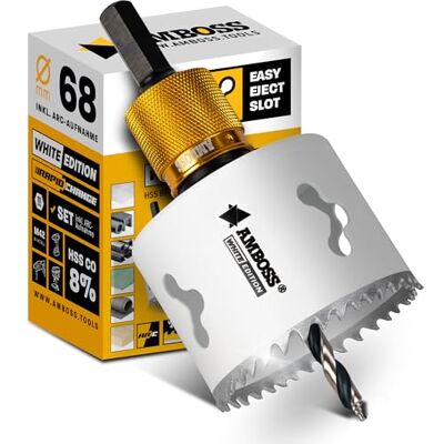 Amboss Werkzeuge Scie cloche bi-métal HSS M42, 68 mm, pour acier, panneaux de particules, bois dur, plaque de plâtre, etc. Profondeur de coupe : 48 mm Avec emmanchement (changement rapide ARC) - Publicité Amboss Werkzeuge Scie cloche bi-métal HSS M42, 68 mm, pour acier, panneaux de particules, bois dur, plaque de plâtre, etc. Profondeur de coupe : 48 mm Avec emmanchement (changement rapide ARC) - Publicité