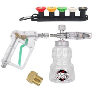 BEAR FORCE Kit de pistolet de nettoyeur haute pression transparent pour nettoyage de voiture avec canon à mousse rapide de 6,35 mm, 1 l, 5 embouts et connecteur de tuyau pour tuyau de raccord M22-14 - Publicité BEAR FORCE Kit de pistolet de nettoyeur haute pression transparent pour nettoyage de voiture avec canon à mousse rapide de 6,35 mm, 1 l, 5 embouts et connecteur de tuyau pour tuyau de raccord M22-14 - Publicité