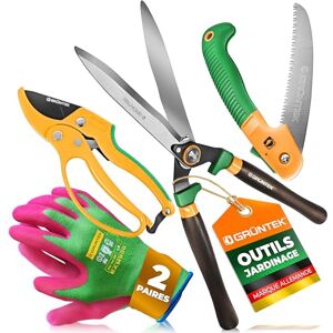 GRÜNTEK Idée Cadeau Jardinage pour Jardinier Homme et Femme: Cisailles à Haie, Sécateur de Jardin à Cliquet, Scie d'Élagage Pliante, Gants de Jardinage L/9 en Bambou (2 paires). Kit Outils de jardin - Publicité GRÜNTEK Idée Cadeau Jardinage pour Jardinier Homme et Femme: Cisailles à Haie, Sécateur de Jardin à Cliquet, Scie d'Élagage Pliante, Gants de Jardinage L/9 en Bambou (2 paires). Kit Outils de jardin - Publicité