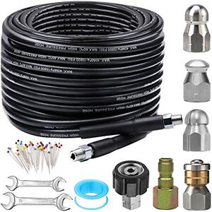 ZOFINE Kit de jet d'égout pour nettoyeur haute pression 30 m, 5800 psi, tuyau de nettoyage de canalisations de 6,35 mm, coin NPT, tuyau rotatif et bouton, buse de jet d'égout, broche de corsage - Publicité ZOFINE Kit de jet d'égout pour nettoyeur haute pression 30 m, 5800 psi, tuyau de nettoyage de canalisations de 6,35 mm, coin NPT, tuyau rotatif et bouton, buse de jet d'égout, broche de corsage - Publicité