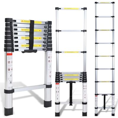 Cecaylie Échelle télescopique, 2,6 m, en aluminium de haute qualité, extensible, antidérapante, multi-usage, charge maximale : 150 kg - Publicité Cecaylie Échelle télescopique, 2,6 m, en aluminium de haute qualité, extensible, antidérapante, multi-usage, charge maximale : 150 kg - Publicité