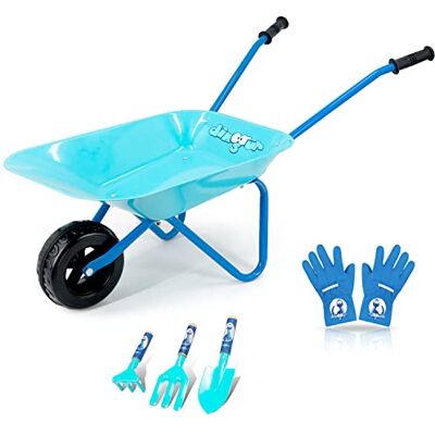 Colwelt Brouette en métal 5 pièces pour enfants avec pelle, râteau, fourchette et gants pour enfants (bleu) - Publicité Colwelt Brouette en métal 5 pièces pour enfants avec pelle, râteau, fourchette et gants pour enfants (bleu) - Publicité