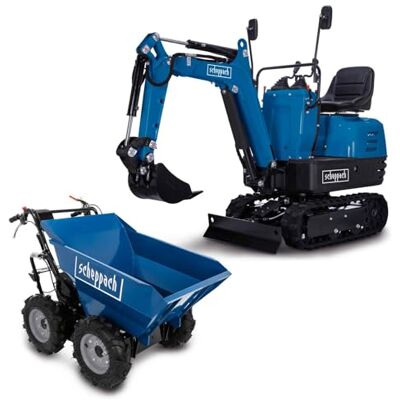 Scheppach Mini-Pelle EXC815 + Benne motorisée DP3000 Moteur 4 Temps largeur du godet 290 mm portée 2330 mm volume de la benne 125L charge max 300 kg - Publicité Scheppach Mini-Pelle EXC815 + Benne motorisée DP3000 Moteur 4 Temps largeur du godet 290 mm portée 2330 mm volume de la benne 125L charge max 300 kg - Publicité