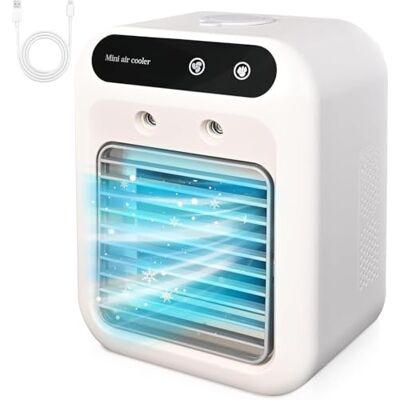 Omuotaut Climatiseur portable, refroidisseur d'air évaporatif personnel, 2 vitesses, 2 brumes froides, petit ventilateur de bureau, ventilateur de refroidissement portable - Publicité Omuotaut Climatiseur portable, refroidisseur d'air évaporatif personnel, 2 vitesses, 2 brumes froides, petit ventilateur de bureau, ventilateur de refroidissement portable - Publicité