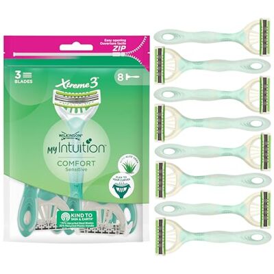 Wilkinson Sword MyIntuition Comfort Sensitive Xtreme 3 Rasoir jetable Rasoir à 3 lames flexibles pour femme Bande lubrifiante avec Aloe et Jojoba Lot de 8 - Publicité Wilkinson Sword MyIntuition Comfort Sensitive Xtreme 3 Rasoir jetable Rasoir à 3 lames flexibles pour femme Bande lubrifiante avec Aloe et Jojoba Lot de 8 - Publicité