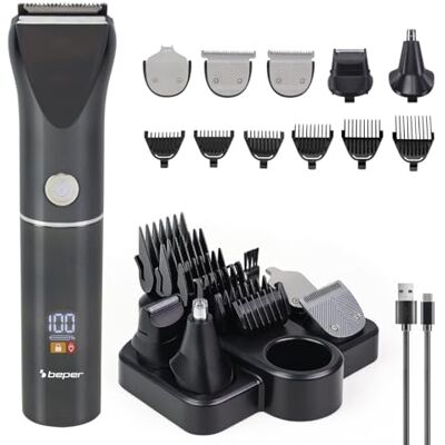 BEPER P304CAP050 Ensemble de tondeuses multifonctions TrimX 12 – Tondeuse à cheveux, tondeuse à barbe, tondeuse nez et oreilles – 12 accessoires inclus, lames en acier, écran LED, rechargeable - Publicité BEPER P304CAP050 Ensemble de tondeuses multifonctions TrimX 12 – Tondeuse à cheveux, tondeuse à barbe, tondeuse nez et oreilles – 12 accessoires inclus, lames en acier, écran LED, rechargeable - Publicité