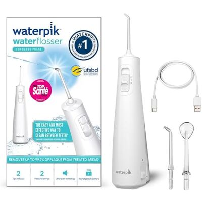 Waterpik Pulse Hydropulseur sans fil rechargeable - 2 embouts - Charge rapide - Blanc - Publicité Waterpik Pulse Hydropulseur sans fil rechargeable - 2 embouts - Charge rapide - Blanc - Publicité