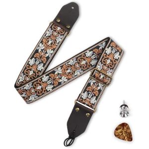 yotutun Sangle de guitare brodée Ends entièrement grain Avec housse pour médiator Sangle réglable Vintage En cuir nylon Pour guitare basse, électrique et acoustique, Fleurs dorées rétro, - Publicité yotutun Sangle de guitare brodée Ends entièrement grain Avec housse pour médiator Sangle réglable Vintage En cuir nylon Pour guitare basse, électrique et acoustique, Fleurs dorées rétro, - Publicité
