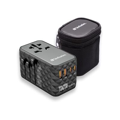 Verbatim Adaptateur de Voyage GaN UTA-06 100W, Adaptateur Universel avec 2 Ports USB-C et 2 Ports USB-A, Charge Rapide, Prise Universelle, utilisable dans Le Monde Entier, Noir, 100–250V - Publicité Verbatim Adaptateur de Voyage GaN UTA-06 100W, Adaptateur Universel avec 2 Ports USB-C et 2 Ports USB-A, Charge Rapide, Prise Universelle, utilisable dans Le Monde Entier, Noir, 100–250V - Publicité
