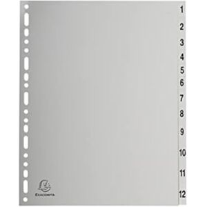 Exacompta Réf. 2912E Carton de 10 Intercalaires gris en polypropylène recyclé avec 12 onglets imprimés numériques de 1 à 12 Format à classer A4 maxi Dim 24,5 x 29,7 cm certifiés Ange Bleu - Publicité Exacompta Réf. 2912E Carton de 10 Intercalaires gris en polypropylène recyclé avec 12 onglets imprimés numériques de 1 à 12 Format à classer A4 maxi Dim 24,5 x 29,7 cm certifiés Ange Bleu - Publicité