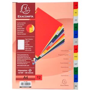 Exacompta Réf. 95E Carton de 20 intercalaires en polypropylène avec 12 onglets imprimés mensuel de Janvier à Décembre en couleur Page d'indexation imprimable pour A4 Dim 22,5 x 29,7 cm - Publicité Exacompta Réf. 95E Carton de 20 intercalaires en polypropylène avec 12 onglets imprimés mensuel de Janvier à Décembre en couleur Page d'indexation imprimable pour A4 Dim 22,5 x 29,7 cm - Publicité