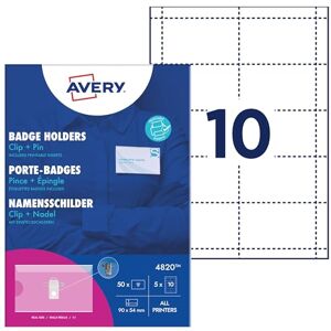 Avery Porte-badges Combi Pince et Epingle 50 Inserts Inclus Format 90 x 54 mm Impression Laser et Jet d'encre - Publicité Avery Porte-badges Combi Pince et Epingle 50 Inserts Inclus Format 90 x 54 mm Impression Laser et Jet d'encre - Publicité