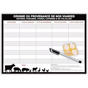 Bon'impression Affichage obligatoire restaurant origine viandes bovines, porcines, ovines etc... Panneau provenance viandes 2026 A4 plastifié effaçable + feutre + pastilles adhésives (OouPVnoir) - Publicité Bon'impression Affichage obligatoire restaurant origine viandes bovines, porcines, ovines etc... Panneau provenance viandes 2026 A4 plastifié effaçable + feutre + pastilles adhésives (OouPVnoir) - Publicité