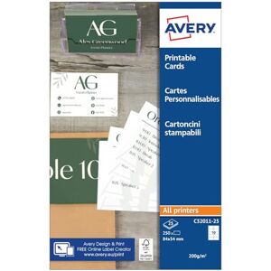 Avery Pochette de 250 cartes de visite à bords lisses imprimables. En carte blanche mate 200g/m². Format 85 x 54 mm. Impression laser/jet d'encre. (C32011-25) - Publicité Avery Pochette de 250 cartes de visite à bords lisses imprimables. En carte blanche mate 200g/m². Format 85 x 54 mm. Impression laser/jet d'encre. (C32011-25) - Publicité