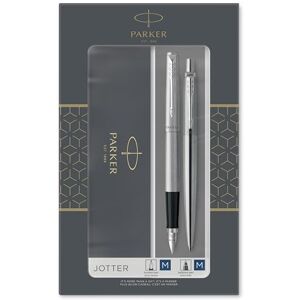 Parker Jotter Duo coffret-cadeau avec stylo bille et stylo plume acier inoxydable avec attributs chromés recharge et cartouches d’encre bleue coffret-cadeau - Publicité Parker Jotter Duo coffret-cadeau avec stylo bille et stylo plume acier inoxydable avec attributs chromés recharge et cartouches d’encre bleue coffret-cadeau - Publicité