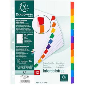 Exacompta Réf. 2312E Carton de 20 Intercalaires en carte blanche 160g/m2 FSC® avec 12 onglets neutres en couleurs renforcés et plastifiés Page d'indexation imprimable Format à classer A4 - Publicité Exacompta Réf. 2312E Carton de 20 Intercalaires en carte blanche 160g/m2 FSC® avec 12 onglets neutres en couleurs renforcés et plastifiés Page d'indexation imprimable Format à classer A4 - Publicité