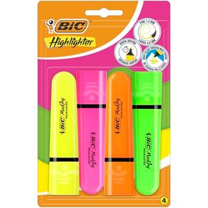 BIC Lot de 4 surligneurs plats Higlighter 4 couleurs (jaune, orange, rose, vert), encre à base d'eau, séchage rapide - Publicité BIC Lot de 4 surligneurs plats Higlighter 4 couleurs (jaune, orange, rose, vert), encre à base d'eau, séchage rapide - Publicité