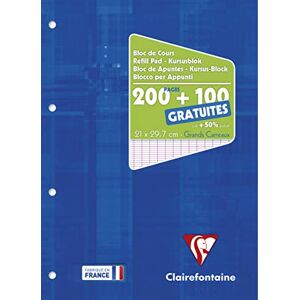 Clairefontaine 65819C Un Bloc de Cours Encollé Perforé Bleu Klein A4 21x29,7 cm 300 Pages (200 + 100 gratuites) Grands Carreaux et Perforé 4 Trous Papier Blanc 90 g Couverture Carte Pelliculée - Publicité