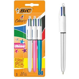 BIC Bille Rétractables Pointe 4 Couleurs Shine StylosMoyenne (1,0 mm) Couleurs aléatoire (Argent/Bleu/Rose/Violet) Métallisés, Blister Format Spécial de 3 - Publicité BIC Bille Rétractables Pointe 4 Couleurs Shine StylosMoyenne (1,0 mm) Couleurs aléatoire (Argent/Bleu/Rose/Violet) Métallisés, Blister Format Spécial de 3 - Publicité