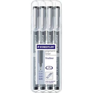 Staedtler Pigment Liner, Feutres de dessin à encre pigmentée noire infalsifiable, Étui chevalet avec 4 feutres assortis 0.1/0.3/0.5/0.7 mm, 308 WP4 - Publicité Staedtler Pigment Liner, Feutres de dessin à encre pigmentée noire infalsifiable, Étui chevalet avec 4 feutres assortis 0.1/0.3/0.5/0.7 mm, 308 WP4 - Publicité
