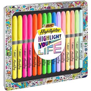 BIC Highlighter Grip Surligneurs Couleurs Assorties Intenses et Pastel, Boîte Cadeau en Métal de 15 - Publicité BIC Highlighter Grip Surligneurs Couleurs Assorties Intenses et Pastel, Boîte Cadeau en Métal de 15 - Publicité