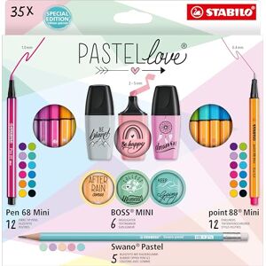 STABILO Pastellove Coffret x 35 pièces : 12 feutres Pen 68 Mini + 6 surligneurs BOSS MINI Pastellove 2.0 + 12 stylos point 88 Mini + 5 crayons à papier Swano pastel - Publicité STABILO Pastellove Coffret x 35 pièces : 12 feutres Pen 68 Mini + 6 surligneurs BOSS MINI Pastellove 2.0 + 12 stylos point 88 Mini + 5 crayons à papier Swano pastel - Publicité