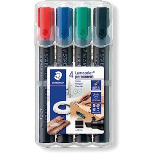 Staedtler 350 WP4 Etui de 4 Marqueurs permanents Pointe Biseau 2 à 5 mm Assortis - Publicité Staedtler 350 WP4 Etui de 4 Marqueurs permanents Pointe Biseau 2 à 5 mm Assortis - Publicité