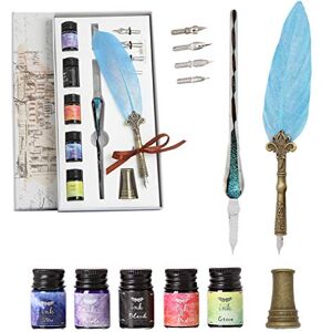 SIPLIV stylo plume de calligraphie en verre avec stylo plume, stylo en verre, encre 5 couleurs, 4 pointes de remplacement, repose-stylo, porte-stylo en métal, bleu - Publicité SIPLIV stylo plume de calligraphie en verre avec stylo plume, stylo en verre, encre 5 couleurs, 4 pointes de remplacement, repose-stylo, porte-stylo en métal, bleu - Publicité