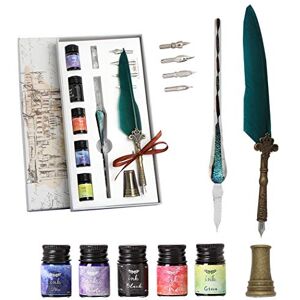 SIPLIV stylo plume de calligraphie en verre avec stylo plume, stylo en verre, encre 5 couleurs, 4 pointes de remplacement, repose-stylo, porte-stylo en métal, vert foncé - Publicité SIPLIV stylo plume de calligraphie en verre avec stylo plume, stylo en verre, encre 5 couleurs, 4 pointes de remplacement, repose-stylo, porte-stylo en métal, vert foncé - Publicité