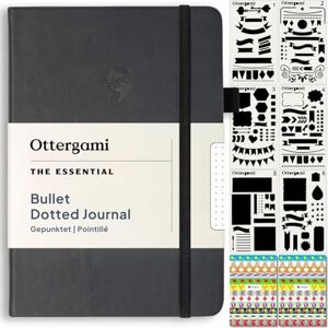Ottergami Bullet Journal Pointillé A5, 200 Pages, Noir Carnet de Notes A5, 15 x 21 cm, The Essential Papier 100g/m² Contre les Bavures, avec Élastique Pochoirs, Autocollants, Porte-Stylo - Publicité Ottergami Bullet Journal Pointillé A5, 200 Pages, Noir Carnet de Notes A5, 15 x 21 cm, The Essential Papier 100g/m² Contre les Bavures, avec Élastique Pochoirs, Autocollants, Porte-Stylo - Publicité