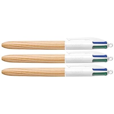 BIC Lot de 3 Stylos Bille 4Colours Rétractable Wood Style Pointe Moyenne - Publicité BIC Lot de 3 Stylos Bille 4Colours Rétractable Wood Style Pointe Moyenne - Publicité