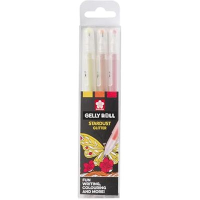 SAKURA Gelly Roll Lot de 3 stylos à encre gel pailletée Motif étoile dorée et étoile rouge Pour l'écriture, le dessin et la décoration - Publicité SAKURA Gelly Roll Lot de 3 stylos à encre gel pailletée Motif étoile dorée et étoile rouge Pour l'écriture, le dessin et la décoration - Publicité