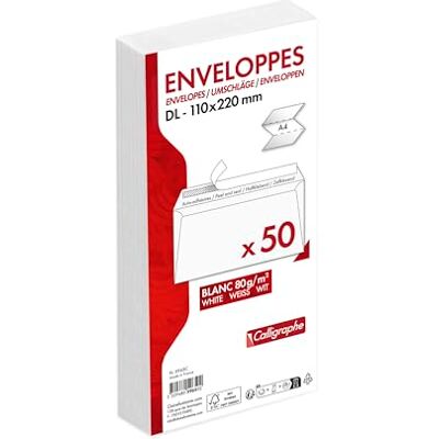 Calligraphe (gamme correspondance Clairefontaine) 5965C Paquet de 50 Enveloppes Blanches DL-110x220mm Auto-Adhésives 80g/m² - Publicité Calligraphe (gamme correspondance Clairefontaine) 5965C Paquet de 50 Enveloppes Blanches DL-110x220mm Auto-Adhésives 80g/m² - Publicité