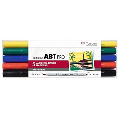 Tombow ABTP-5P-1 Marqueur à base d'alcool ABT PRO à deux pointes, set de 5 pièces, Basic Colors - Publicité Tombow ABTP-5P-1 Marqueur à base d'alcool ABT PRO à deux pointes, set de 5 pièces, Basic Colors - Publicité