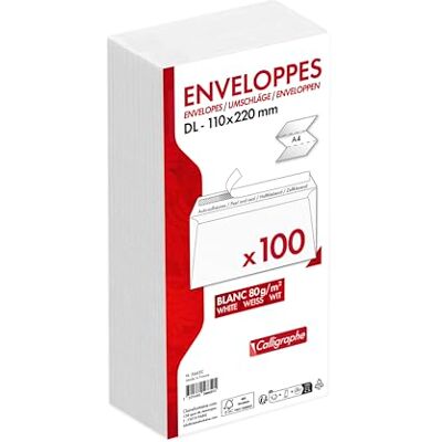Calligraphe (gamme correspondance Clairefontaine) 5665C Paquet de 100 Enveloppes Blanches DL-110x220mm Auto-Adhésives 80g/m² - Publicité Calligraphe (gamme correspondance Clairefontaine) 5665C Paquet de 100 Enveloppes Blanches DL-110x220mm Auto-Adhésives 80g/m² - Publicité