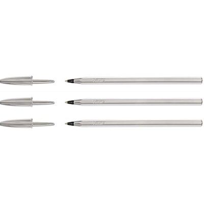 BIC Lot de 3 Stylos bille CRISTAL SHINE Pte Moyenne 1 mm Noir Corps Argent - Publicité BIC Lot de 3 Stylos bille CRISTAL SHINE Pte Moyenne 1 mm Noir Corps Argent - Publicité